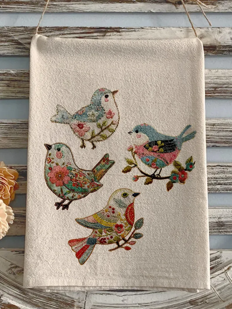 Bird kitchen towel watercolor kitchen flour sack faux embroidery bird on a branch