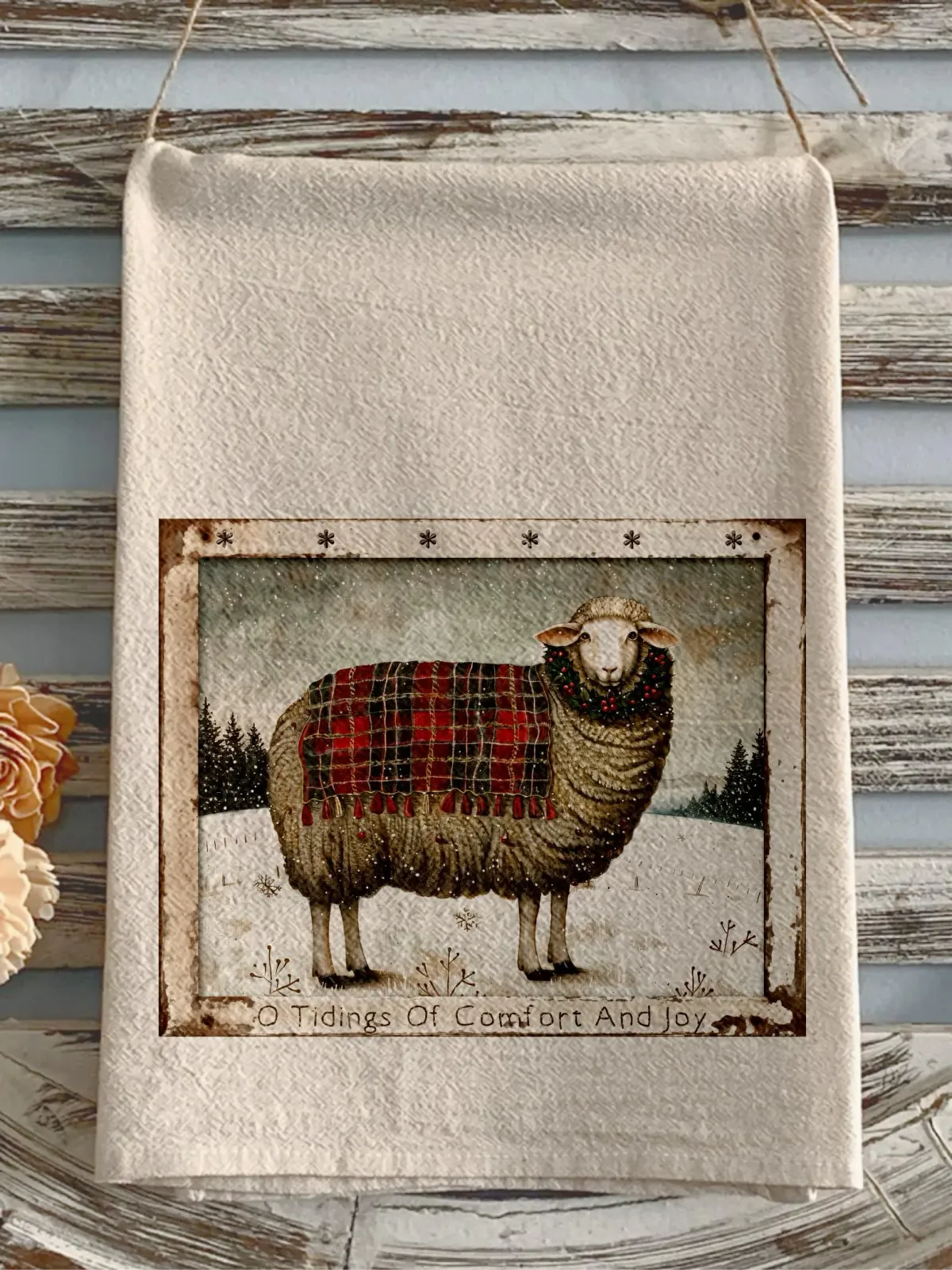 Christmas flour sack towel christmas sheep primitive