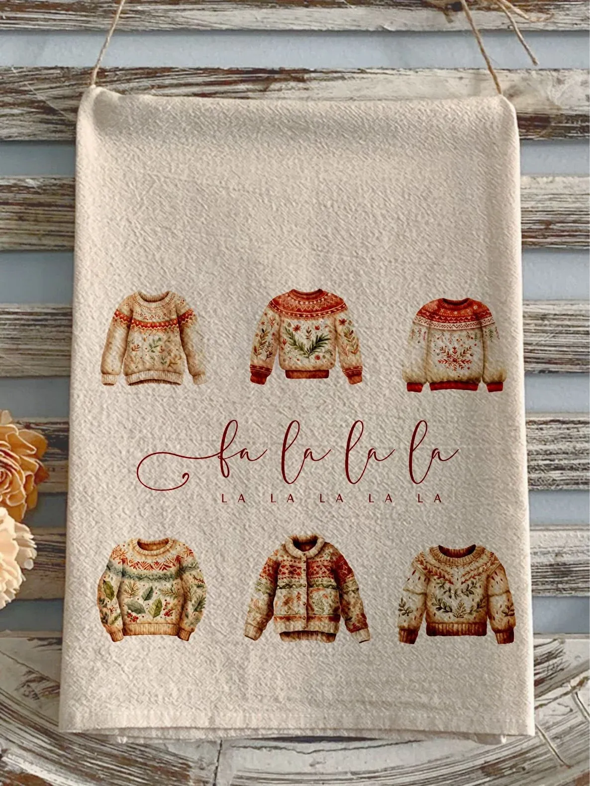 Christmas flour sack towel christmas sweater fa la la la