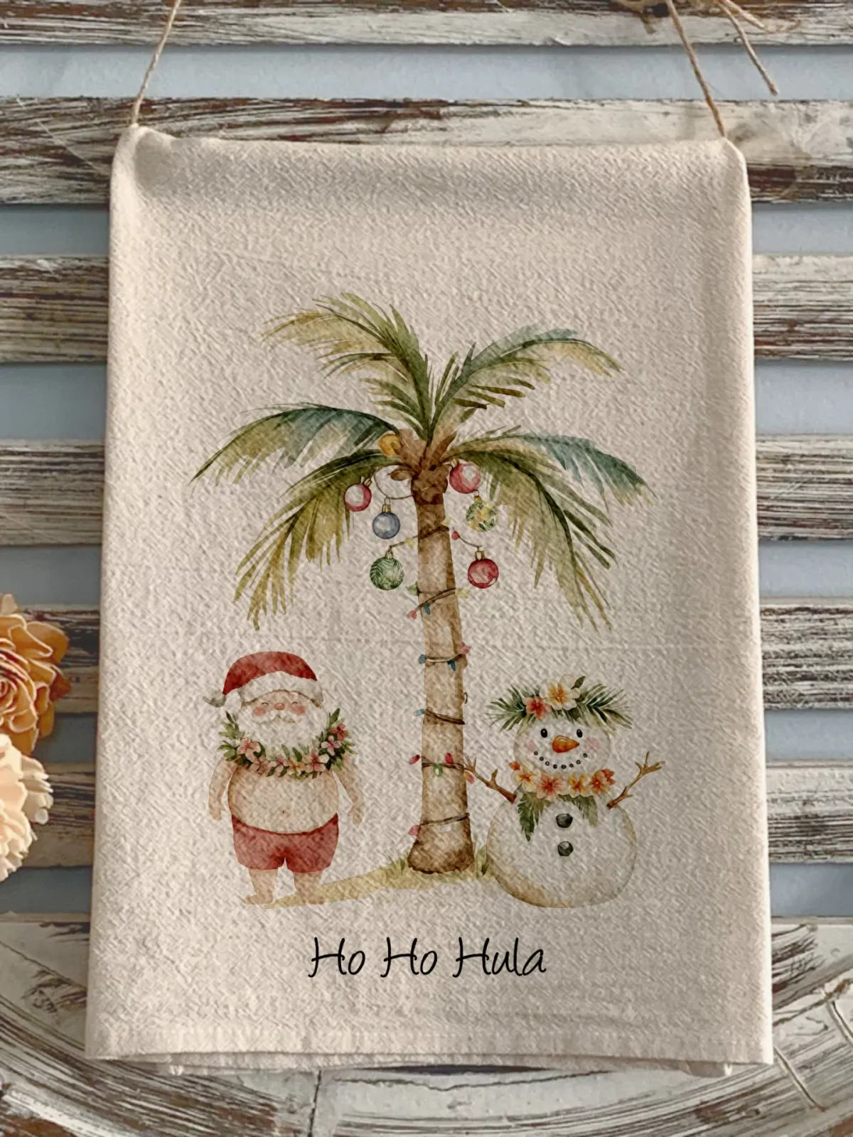 Christmas flour sack towel Ho Ho Hula tropical Santa