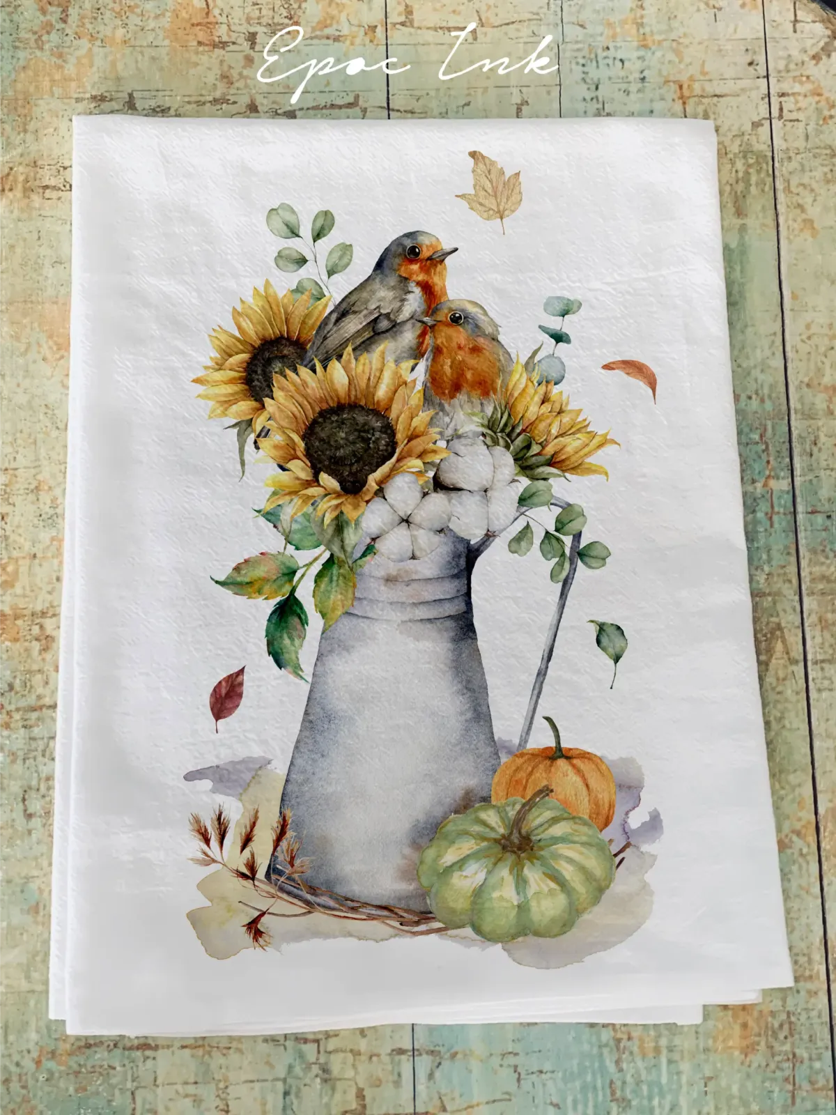 Fall flour sack towel Robin Pumpkin pitcher