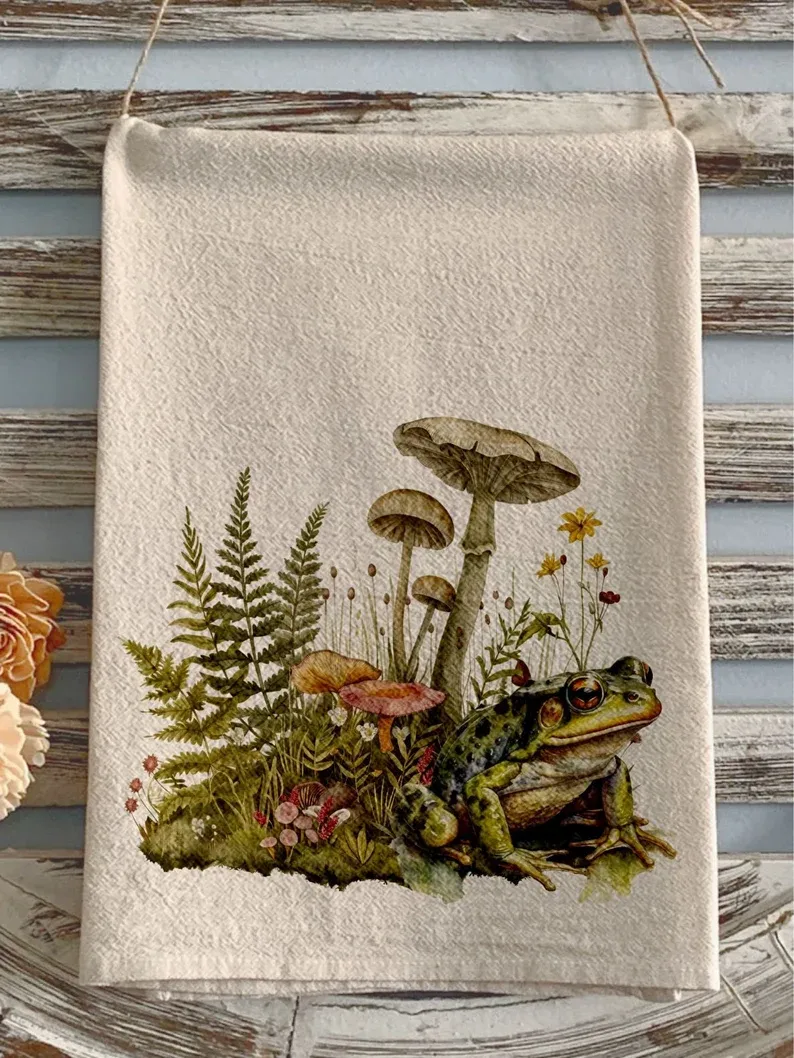 flour sack towel floral frog mushroom