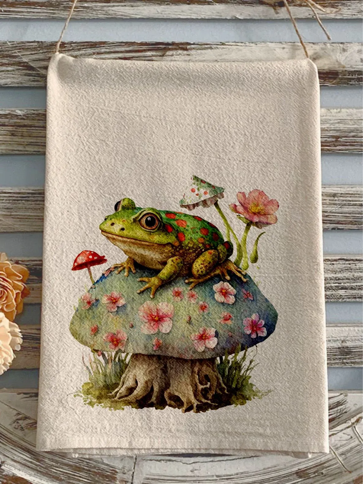 Flour sack towel floral frog pink and blue mushroom