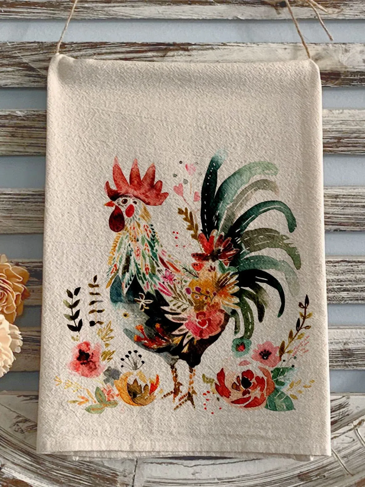 Flour sack towel spring chicken floral rooster towel
